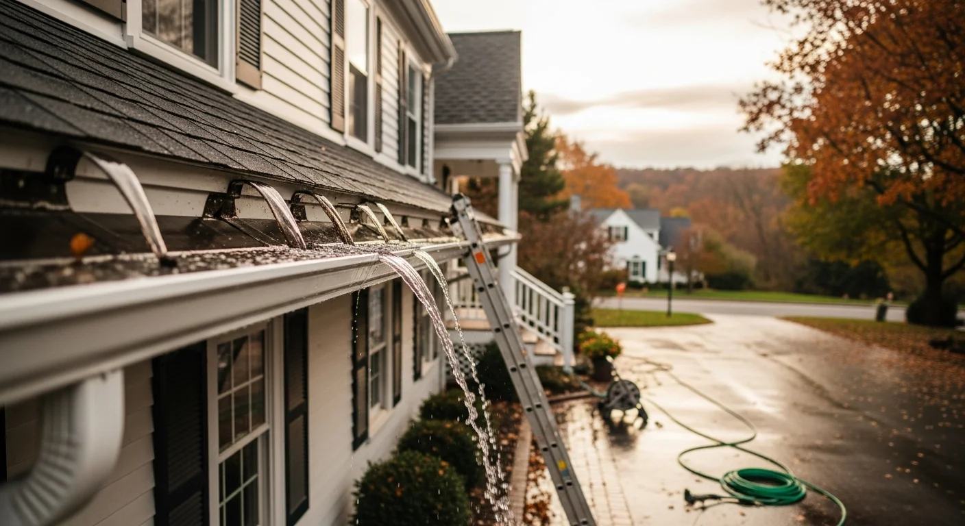 Professional gutter cleaning service showing technician safely removing leaves and debris from residential gutter
