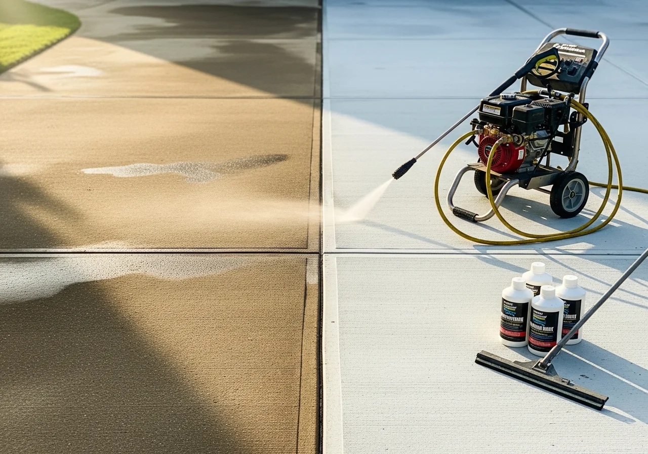 Clean residential driveway in Goshen, NY after professional pressure washing by Mack Enterprises