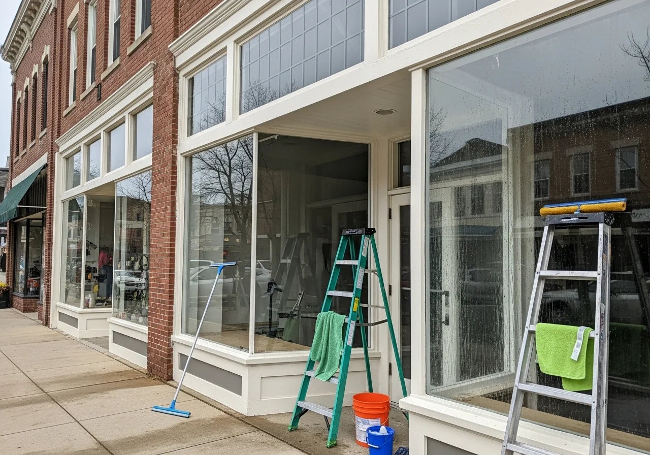 Sparkling clean storefront windows of a retail plaza in Goshen, NY, reflecting natural light