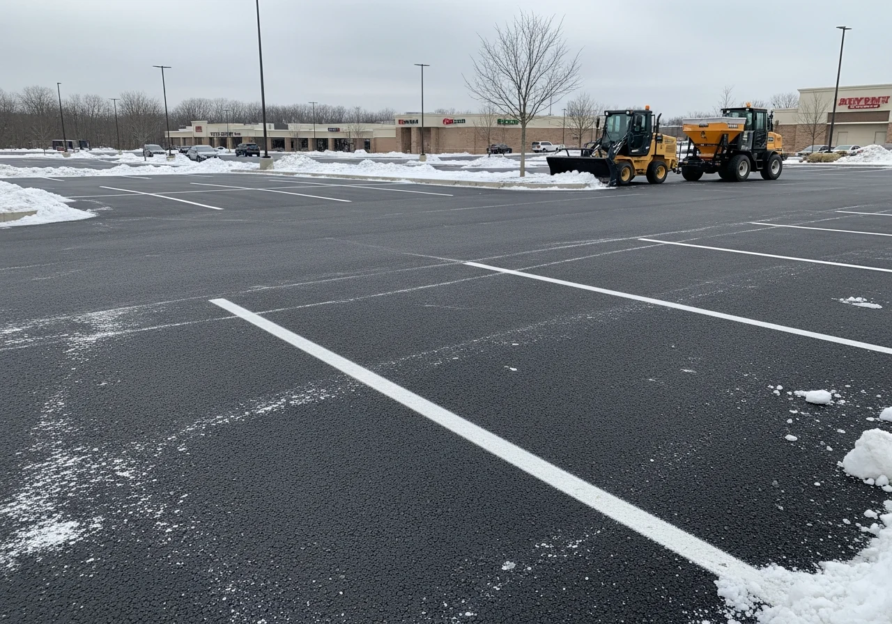 Cleared commercial parking lot with fresh snow removal and ice melt treatment applied