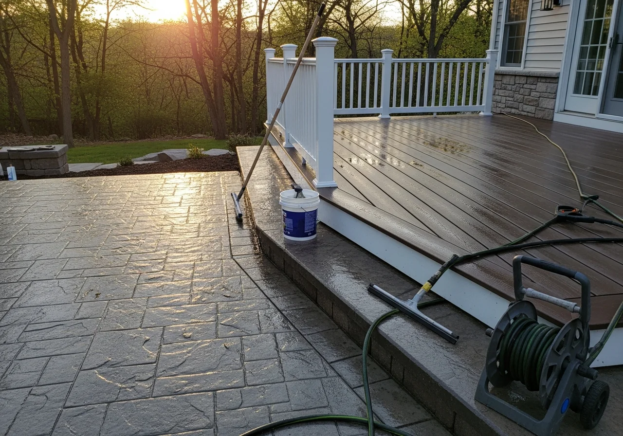 Clean composite deck and concrete patio after professional pressure washing service in Goshen, NY