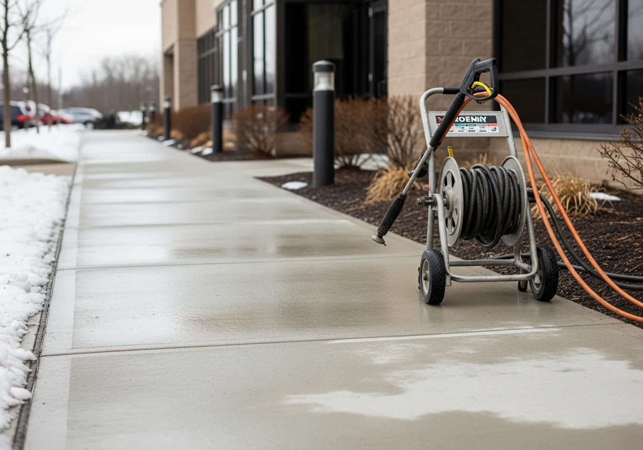 Clear, ice-free concrete walkway with snow removal equipment visible in background