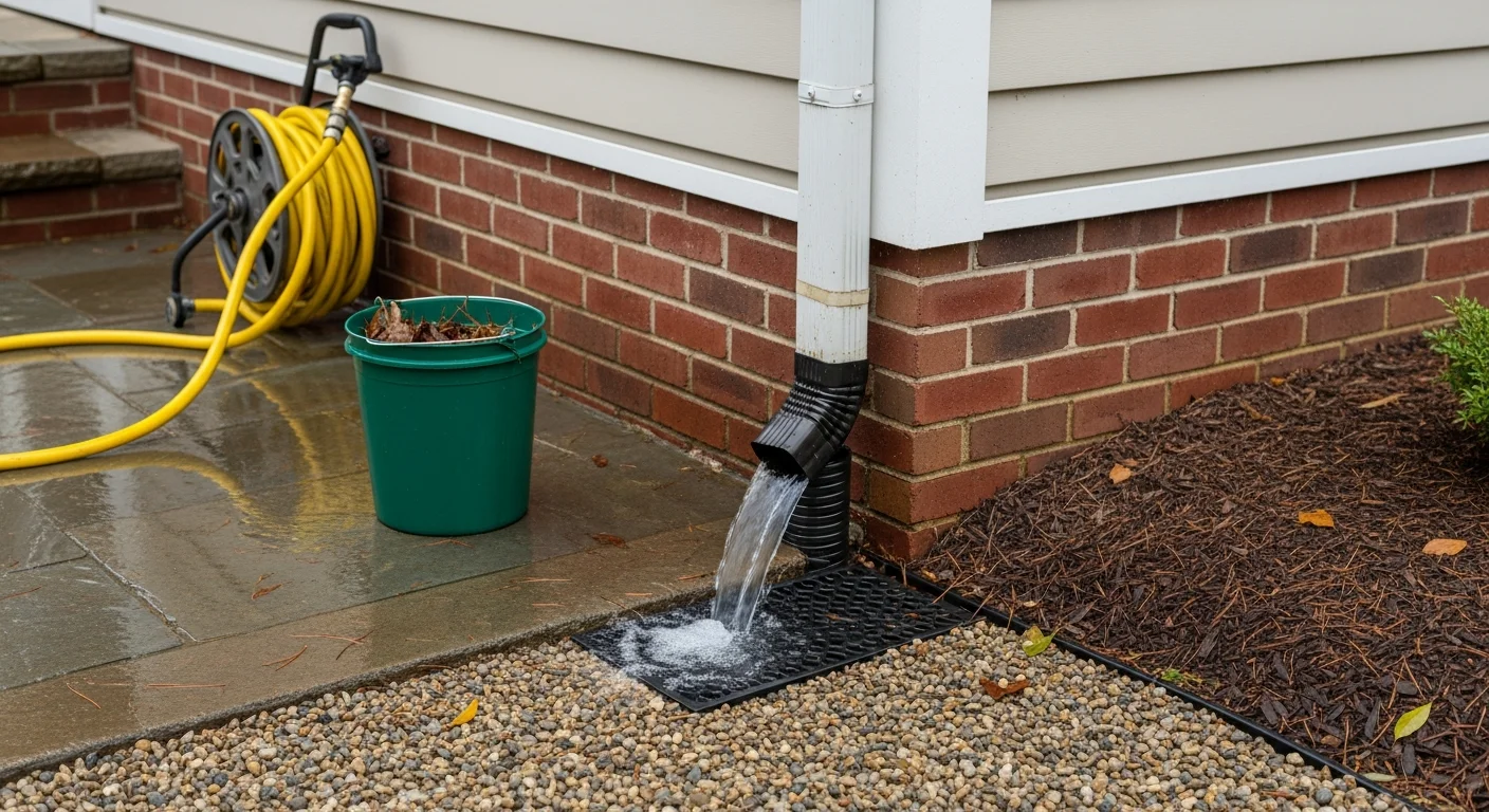 A technician flushing a downspout on a brick rowhouse in New York, with water flowing freely from the base onto a concrete sidewalk. The cleaned downspout pipe is clear of leaf debris and seed-ball buildup common to New York properties.