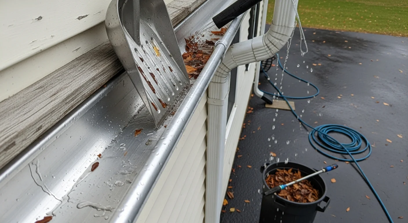 A technician from Mack Enterprises removing compacted leaf and seed debris from the gutters of a multi-story New York brownstone. Downspouts are flushed and flowing freely after the cleaning is complete.