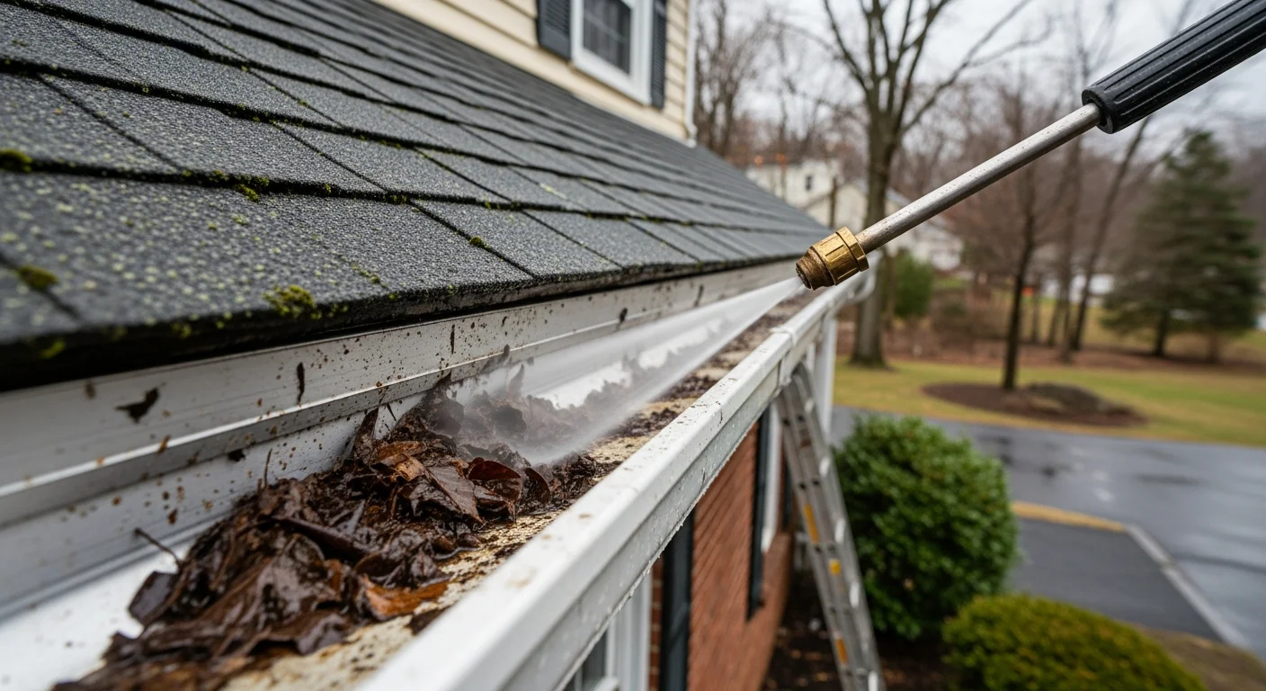 A technician from Mack Enterprises flushing a residential gutter system on a New York row house, with water flowing clearly through a downspout onto a concrete splash block below. Debris-free gutters run along the roofline of a multi-story brick building on a clear day.